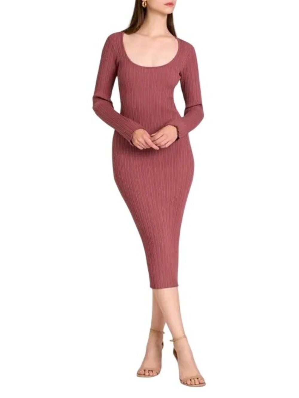 2/$30 NEW WAYF XL Ribbed Knit Midi Bodycon Dress Tie Waist Deep Mauve